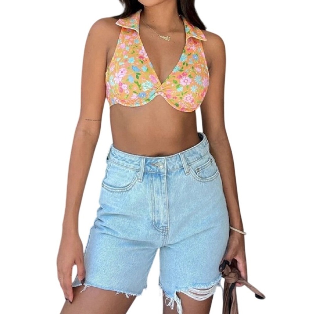 Princess Polly Orange Floral Halter Crop Top Underwire Collared Retro SIZE 6